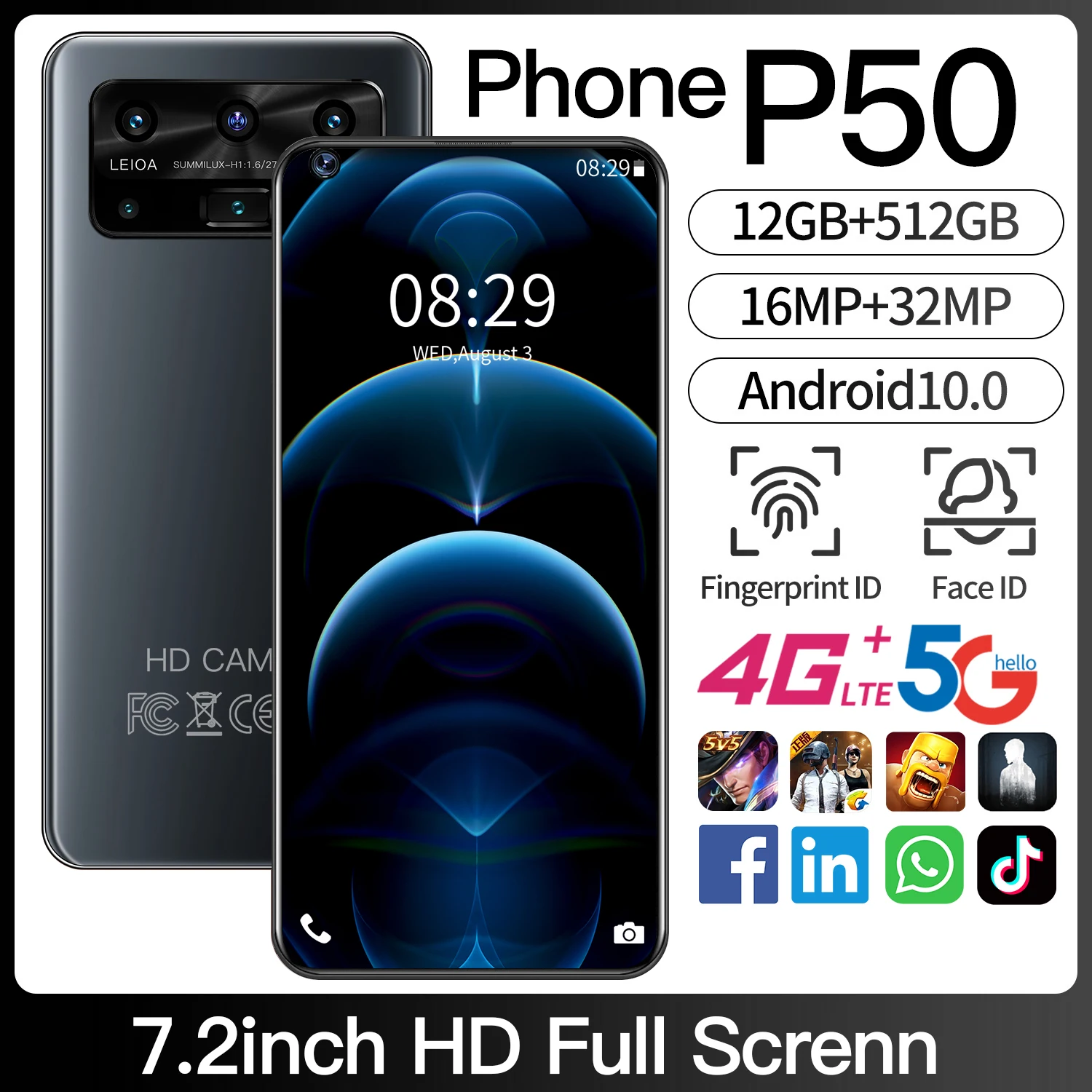 

Smartphone HUAWE P50 Fingerprint Global Version 5G MTK6899 12GB 512GB Android 10.0 Dual SIM Card 5800mAh Mobile Phone GPS WiFi