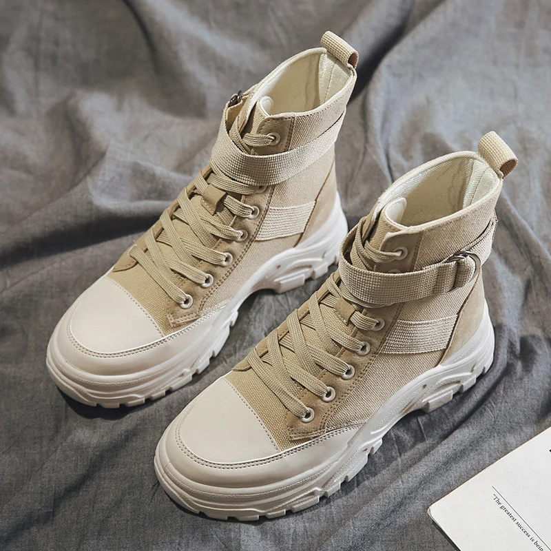 

2021 Autumn Winter Women Boots Thick Heels Canvas Martin Boots Female Lace-up Casual Ankle Platform Boots Fashion Sneakers Shoes