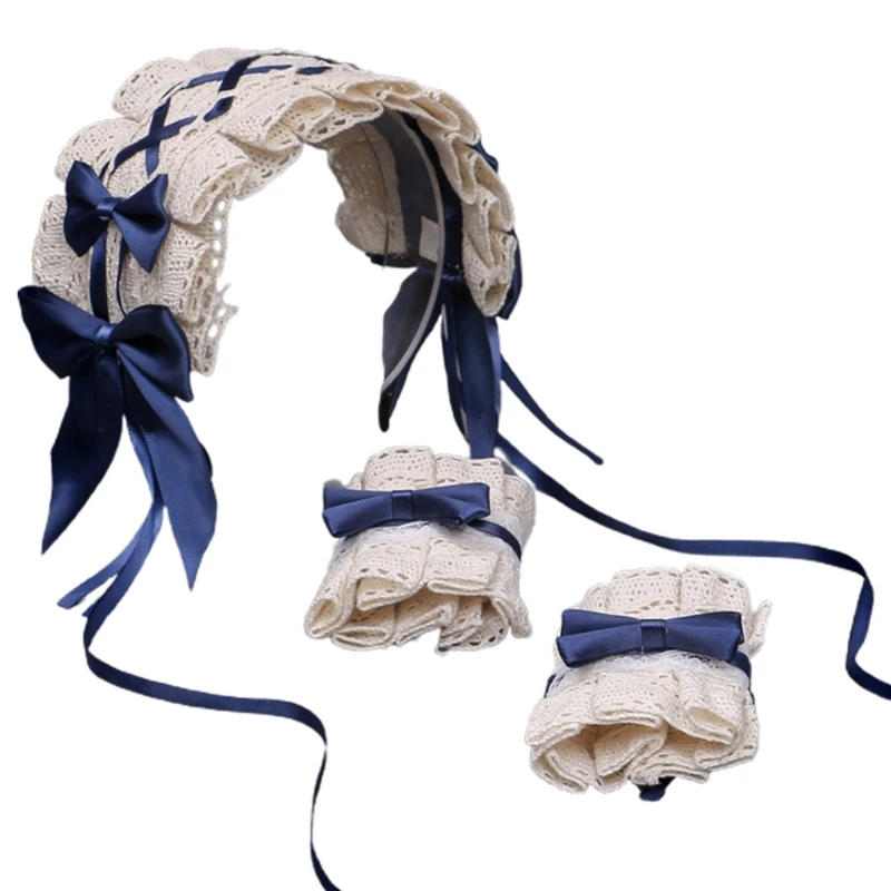 

Gothic Lolita Headband Wrist Cuffs Set Sweet Ruffled Lace Bow Cosplay Costume
