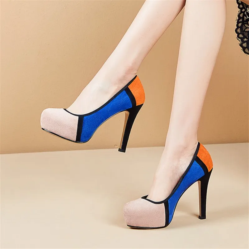 PXELENA/Лидер продаж модные разноцветные туфли на шпильке с круглым носком без