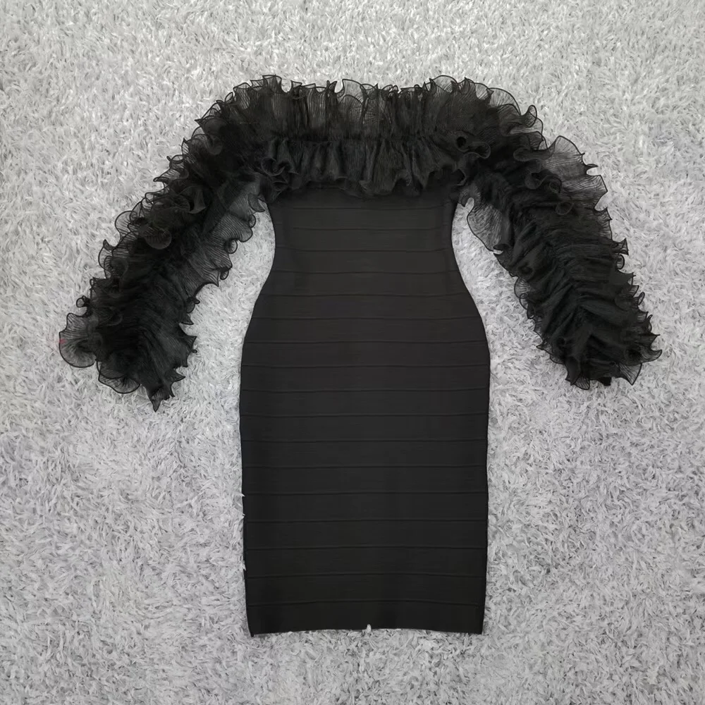 

Autumn Women Fashion Sexy Long Sleeve Cascading Ruffle Black Bodycon Bandage Dress 2019 Mini Elegant Female Party Dress Vestidos