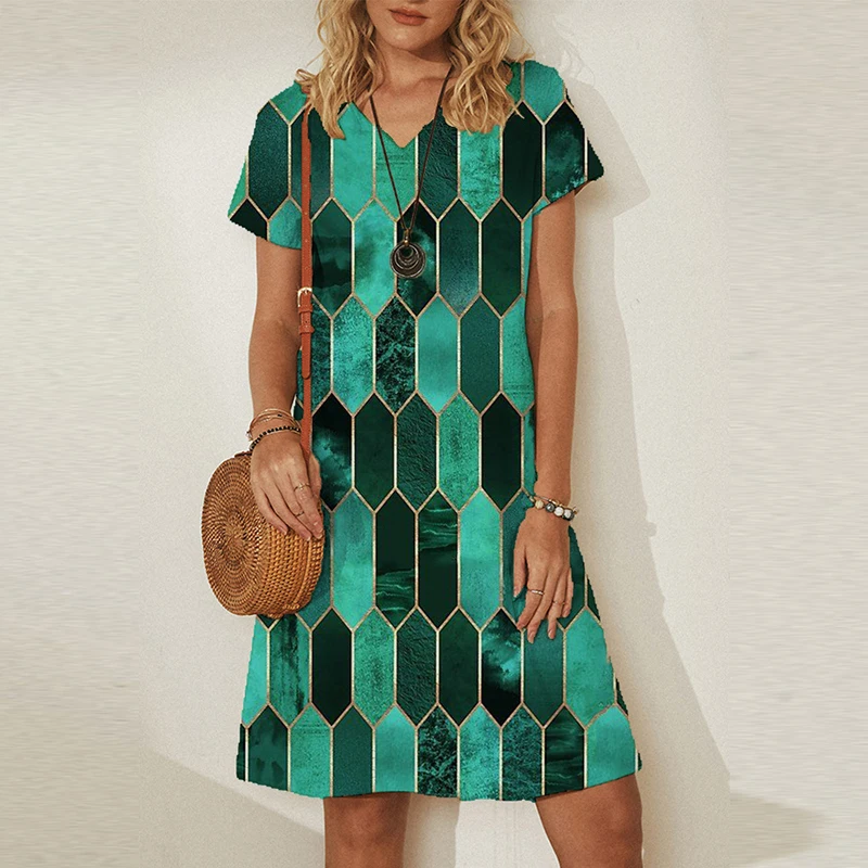 

Women Casual V Neck Short Sleeve Party Dress 2021 Summer Art Print Knee-Length Ladies Dress Streetwear Plus Size Femme Dress 5XL