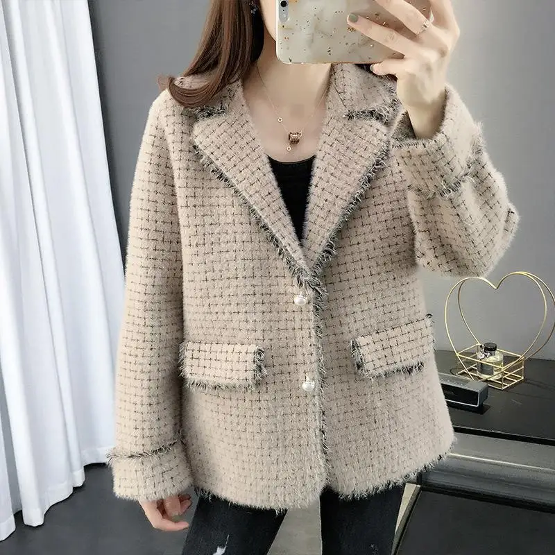 

2021 Autumn Winter Women Faux Mink Fur Coat Long Sleeve Single Breasted Button Office Lady Thick Warm Outerwear Chic Tops M136
