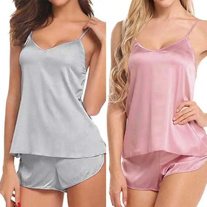 Сексуальная шелковая Женская тонкая Пижама костюм с v-образным вырезом жилет без