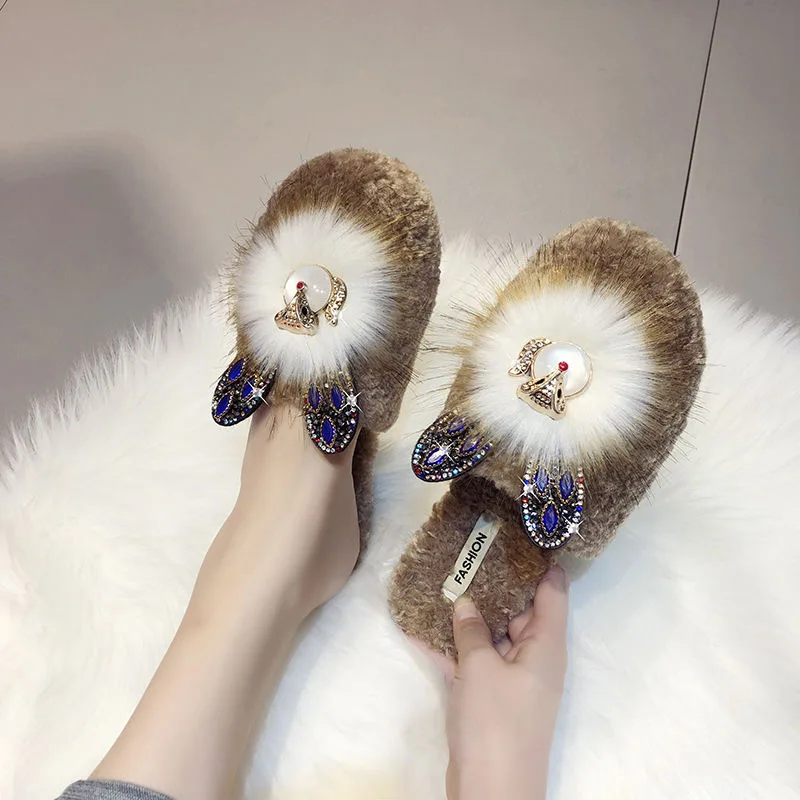 

2020 new furry half slippers for ladies outer wear flat bottom lazy drag rhinestone fashion cute comfortable cotton drag