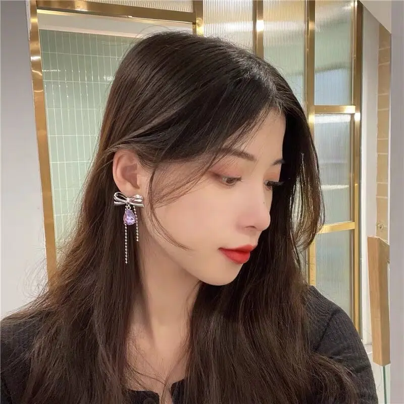 

12pcs/lot Purple Gemstone Bow Earrings Women's Fashion Exaggerated Drop Earrings for Women Jewelry