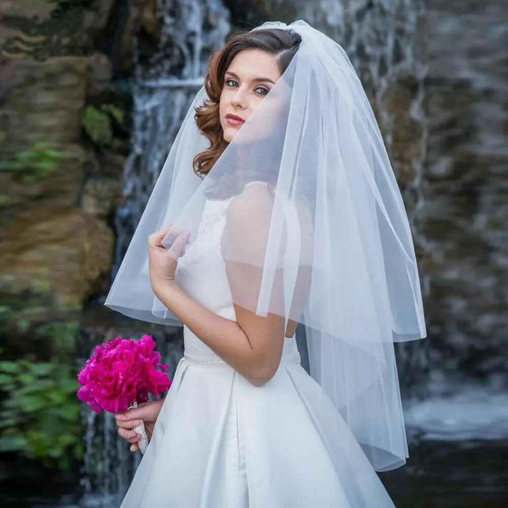 

Cut Edge Two Tier White/Ivory Tulle Bridal Veil Fingertip Length Wedding Veils 2022