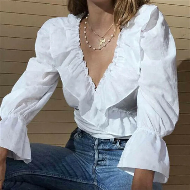 

Women Ruffled Deep V-Neck Top Long Flare Sleeve Blouse Casual Solid Tops Autumn Spring Female Shirts