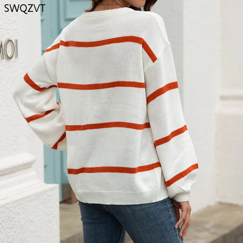 Новые женские свитера SWQZVT Женский пуловер в полоску с круглым вырезом и