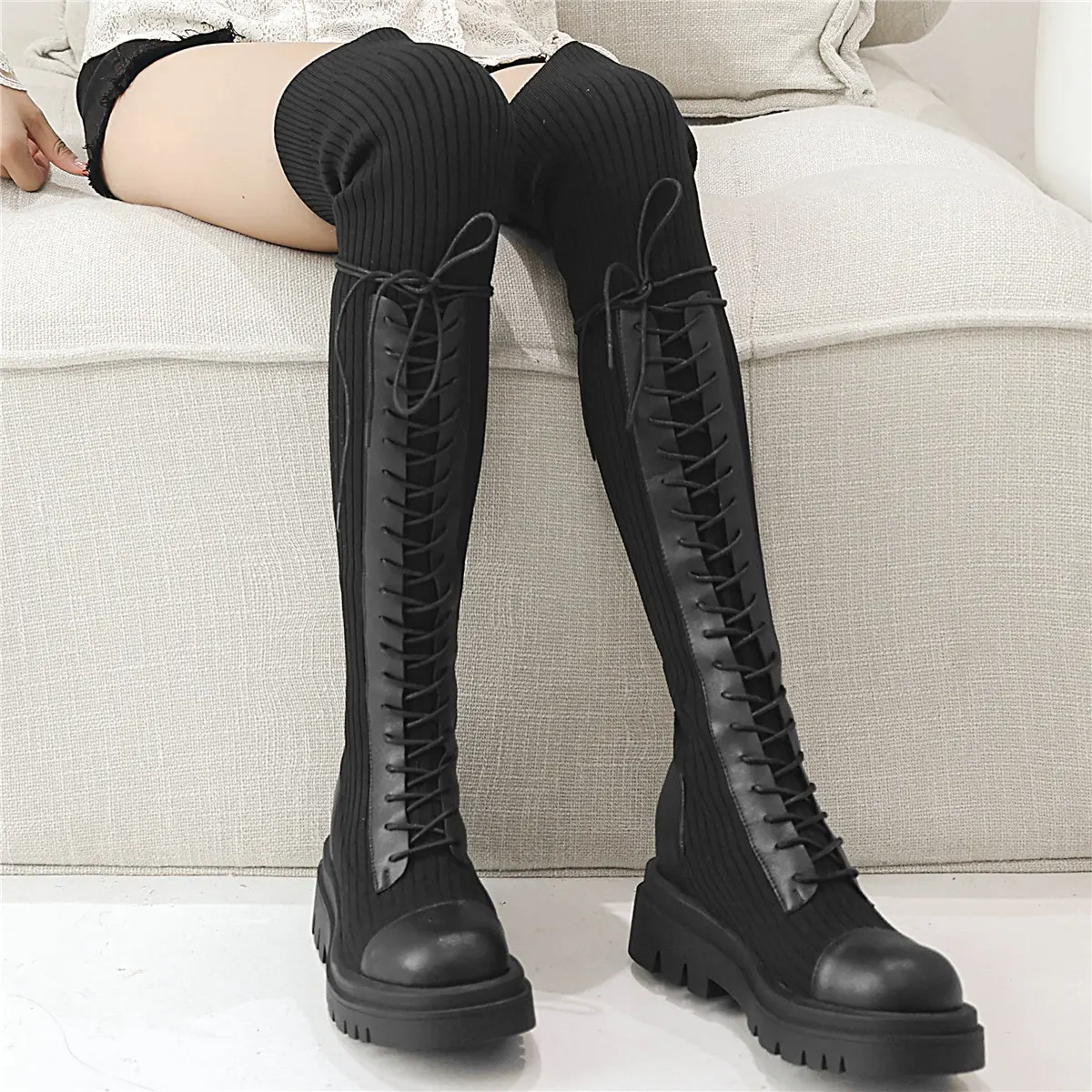 Thigh High Oxfords Shoes Women Lace Up Genuine Leather Over The Knee High Riding Boots Female Stretchy Knitting Fashion Sneakers
Thigh High Oxfords Shoes Women Lace Up Genuine Leather Over The Knee High Riding Boots Female Stretchy Knitting Fashion Sneakers