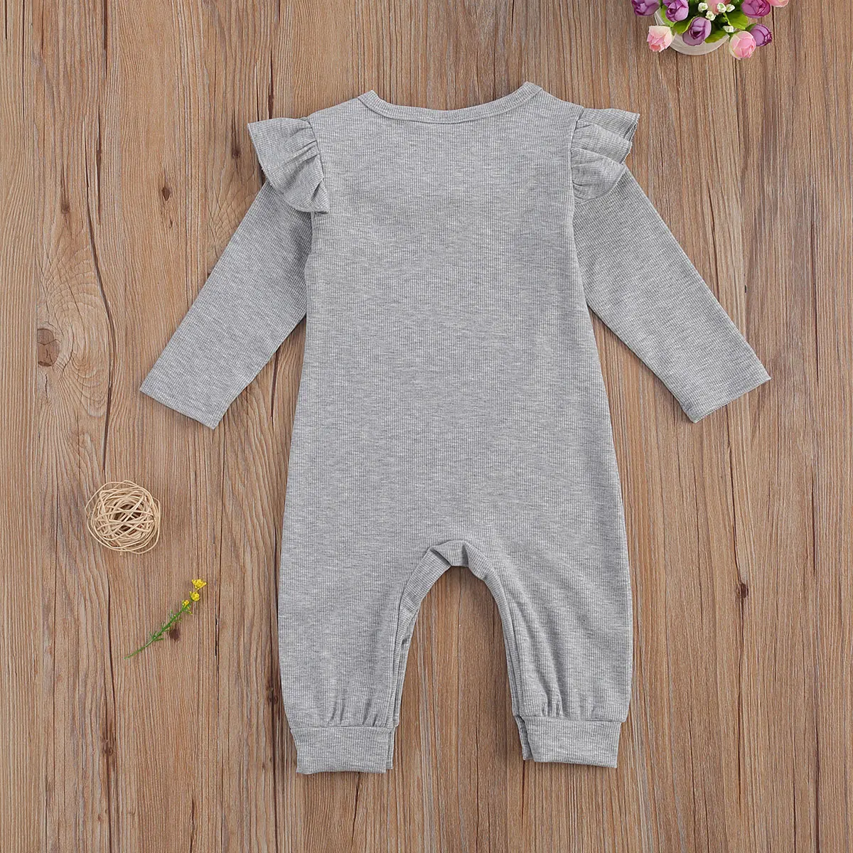 

Newborn Baby Solid Jumpsuit Toddler Boy Girl Long Flying Sleeve Bow Ribbed Romper Button Trousers Autumn Cotton Clothes