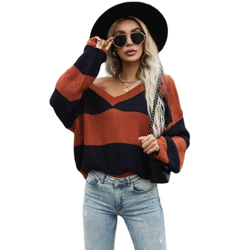 

Knitting Color Matching V-neck Long Sleeve Pullover Women Winter Sweater