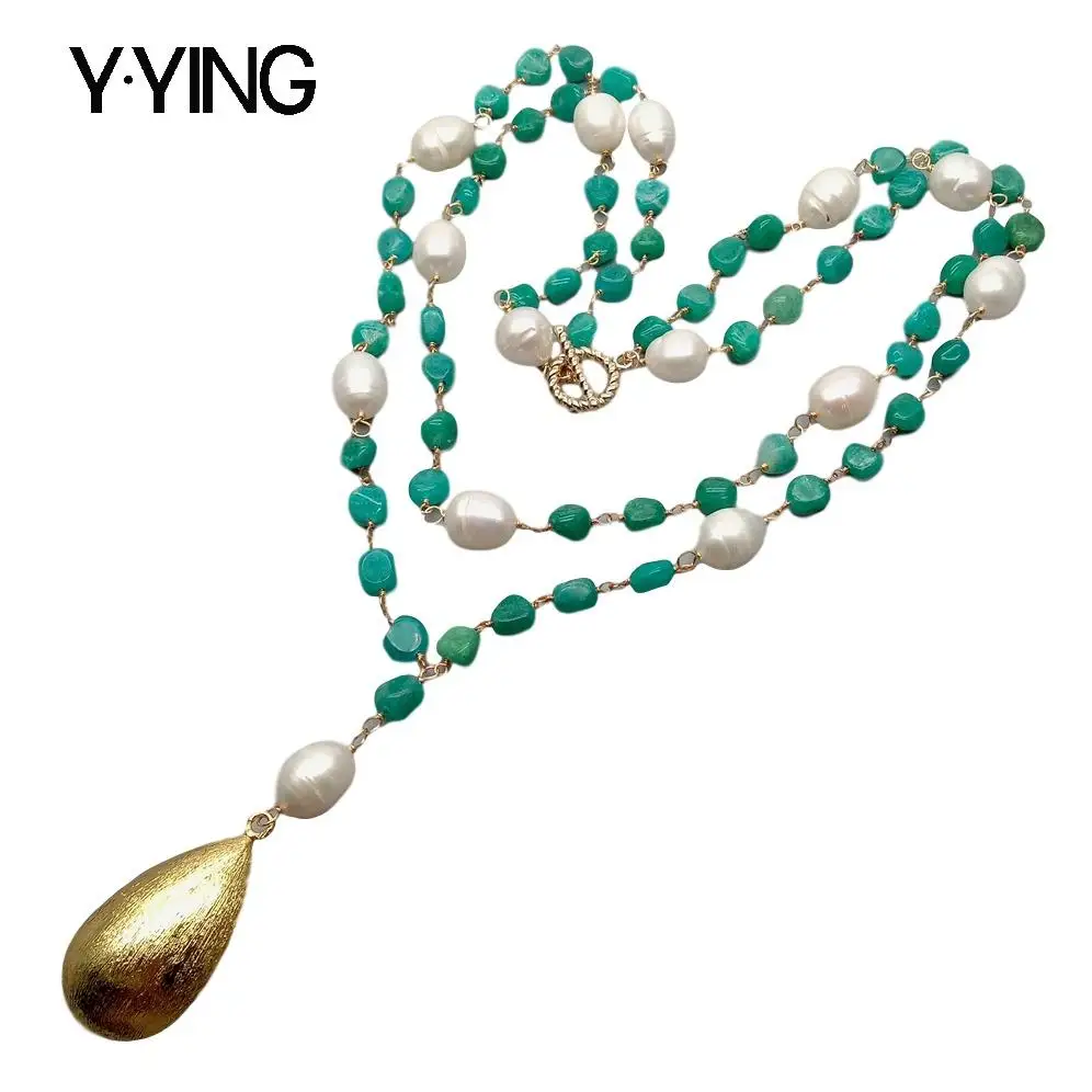 Y·YING Peruvian Amazonite White Rice Pearl sweater chain Necklace Teardrop Brushed Bead Pendant necklace 21&quot for women |
