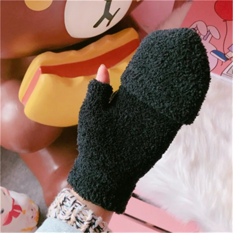 Pure color Plush Gloves Winter adult warm students Half Finger fold women's knitting gloves Japanese and Korean lovely style |