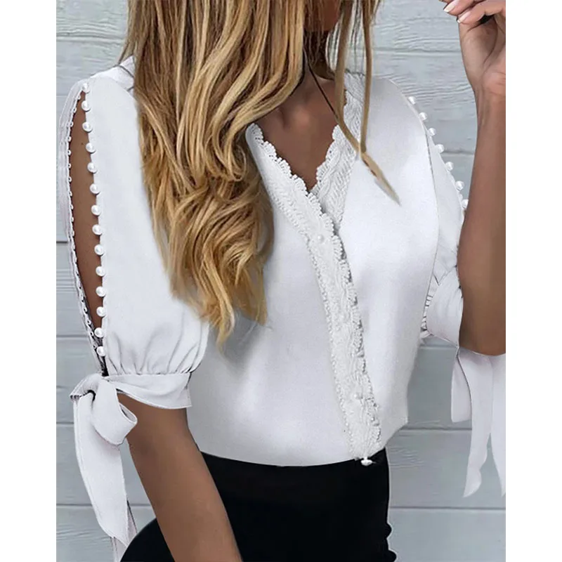 

Summer Sweet Fashion V-neck Short Sleeve Pure Color Slim Shirt Women's Elegant Chiffon Shirt Ropa Plus Size Mujer