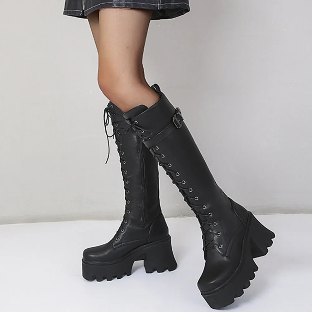 

Женские мотоциклетные сапоги до колена, на квадратном каблуке, на молнии, со шнуровкой, зимняя крутая женская обувь на платформе