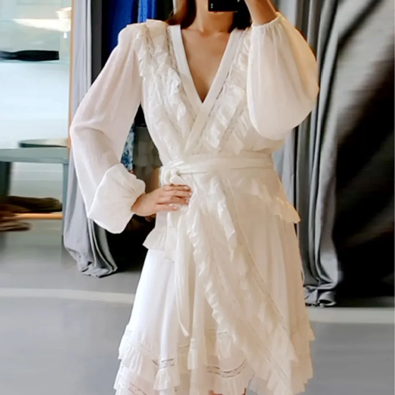 Сексуальные макси Вечерние белые осенние кружевные пляжные Vestido повседневные цветочные платья элегантные женские платья с длинным рукавом - Цвет: short  dress