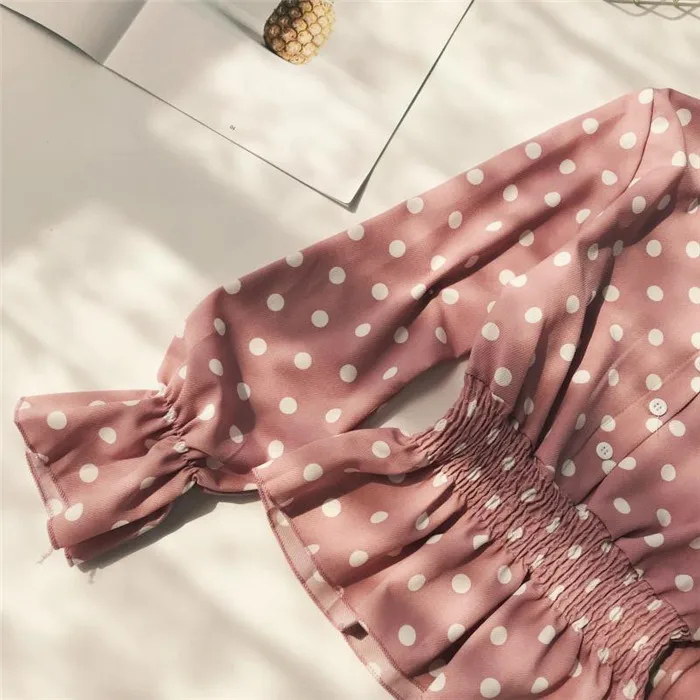 Весна Boho шикарные топы женские корейские элегантные шифоновые блузки с v-образным вырезом и длинным рукавом Розовые/черные рубашки в горошек Женские