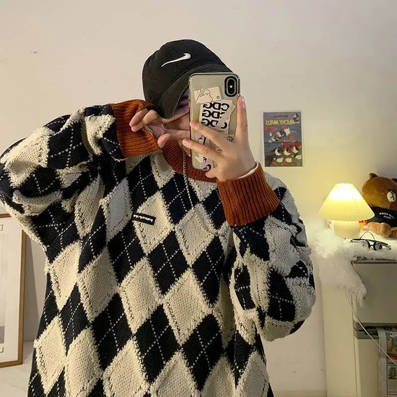 

Мужской вязаный свитер в клетку в стиле ретро, Свободный пуловер в стиле хип-хоп, в стиле пэчворк, мужская и женская осенняя трикотажная одеж...