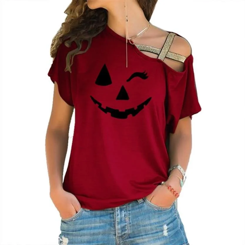 

Summer 2021 T-Shirt For Women Funny Halloween Smiley Pattern Print T-shirt Women Loose Skew Collar Short Sleeve Tops T-Shirt