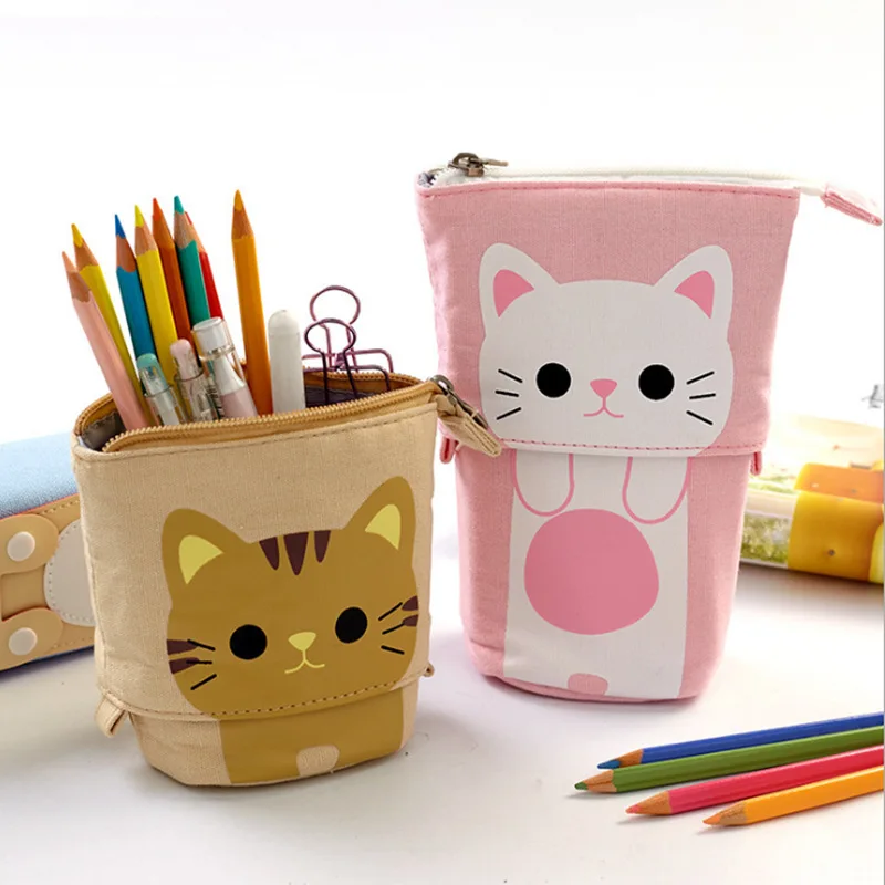 

Cute cat multifunctional pencil cases cartoon canvas pencil pouch fabric high quality school stationery Kawaii pencil bag