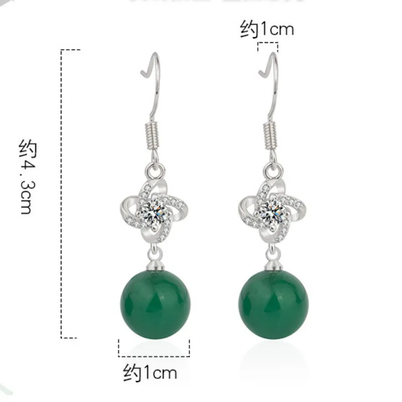 

Natural Green Jade Bead Earring 925 Silver Fashion Jewelry Chalcedony Amulet Gifts for Women