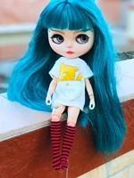 2pcslot cute blyth clothes cat pattern printed short t shirt stripe black red knee high socks for 16 dolls accessories