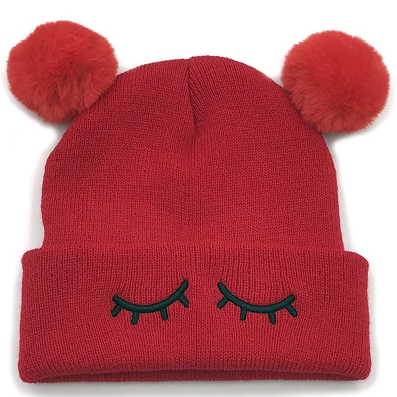 

Children's Cute Eyelashes Embroidery Double Ball Knitted Woolen Hat For Boys And Girls Winter Warm Woolen Hat