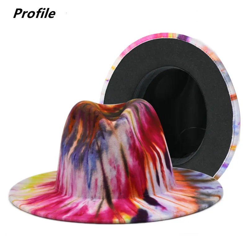

Wholesale Fedora hat autumn and winter Halloween irregular explosion style tie-dye graffiti monochrome unisex felt шляпа женская