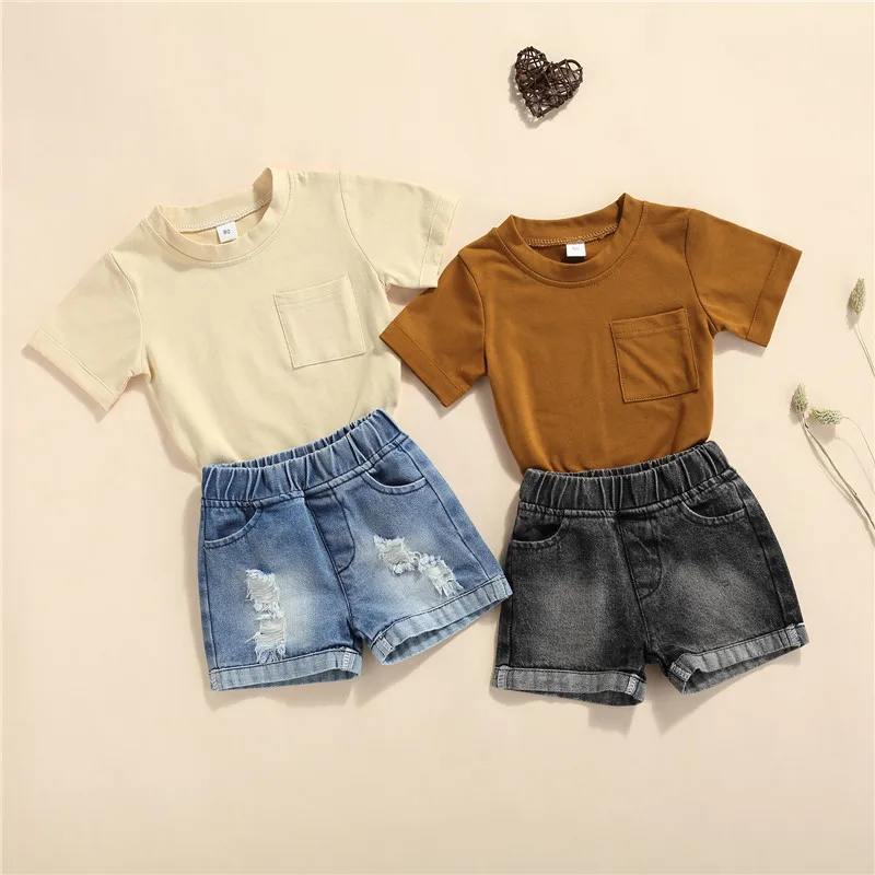 

Boys Solid Color Clothes Set, Short Sleeve T-shirt + Ripped Short Jeans with Pockets Kids Summer Casual Set Children Clothing
