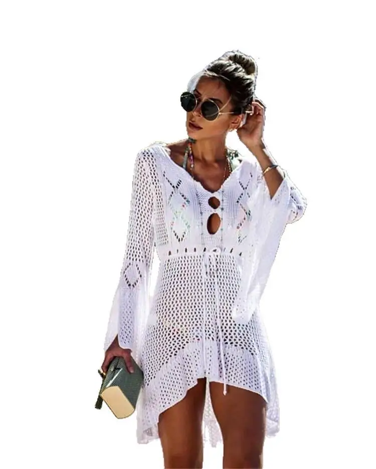 

Hollow Knitted Bell Sleeve Beach Cover-up Thin Blouse European and American Sun Protection Shirt Swimsuit Woman Dress