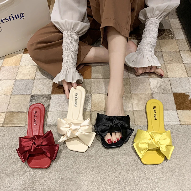 Корейские модные атласные тапочки с большим бантом женская обувь уличные