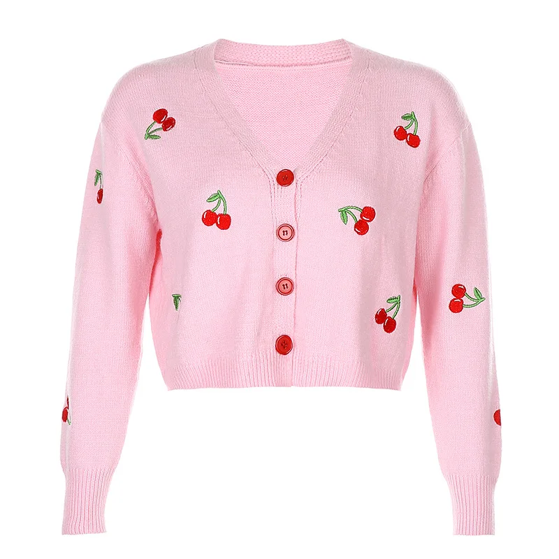 

Autumn Cherry Embroidery Casual Knitted Sweater Women Chic V Neck Long Sleeve Oversized Cardigan Cute Single Breasted Crop Top