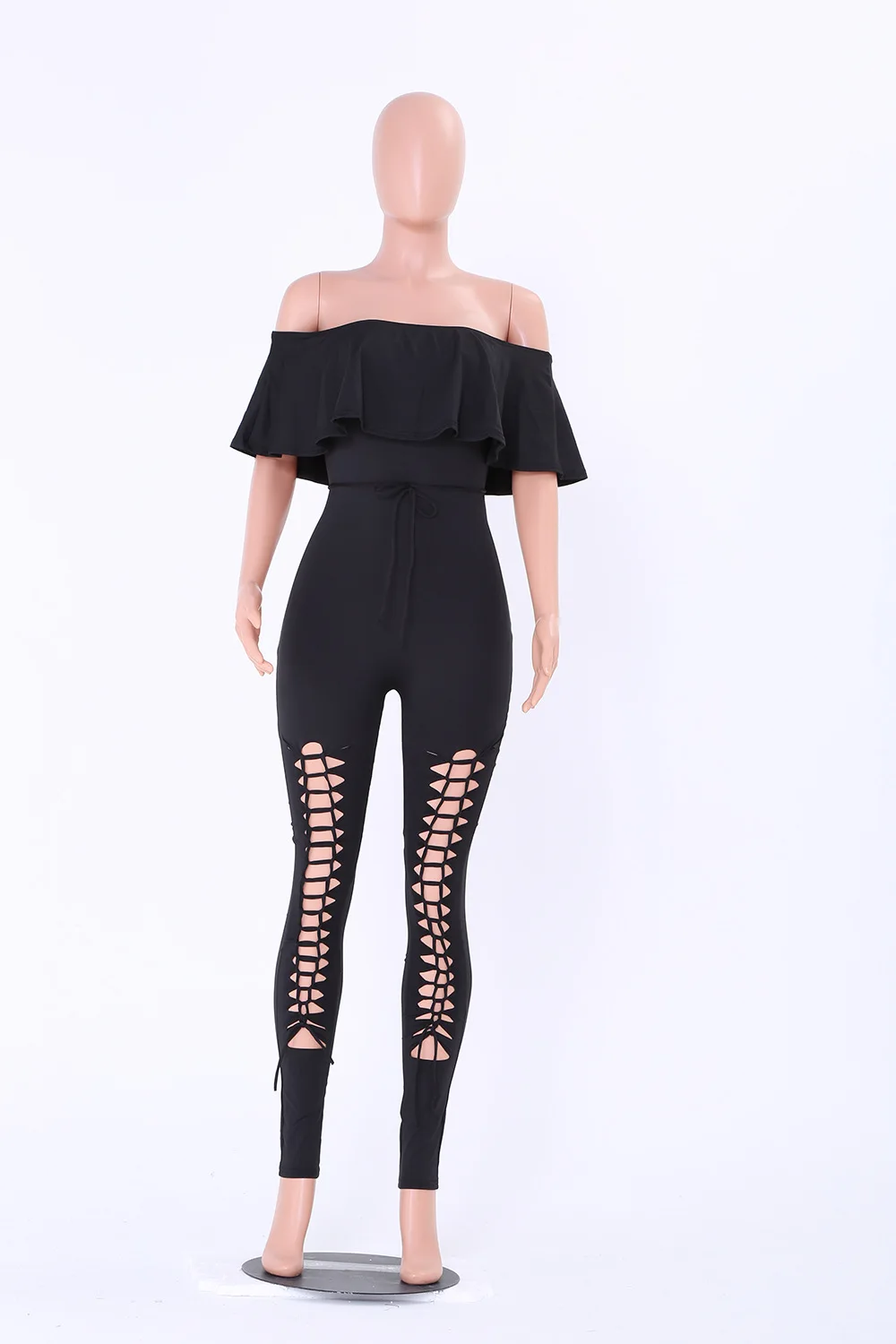 

Off Shoulder Sexy Ruffles Jumpsuits Women Hole Hollow Out Club Romper Solid Casual Bodysuits 2019 Fashion Black Long Playsuits