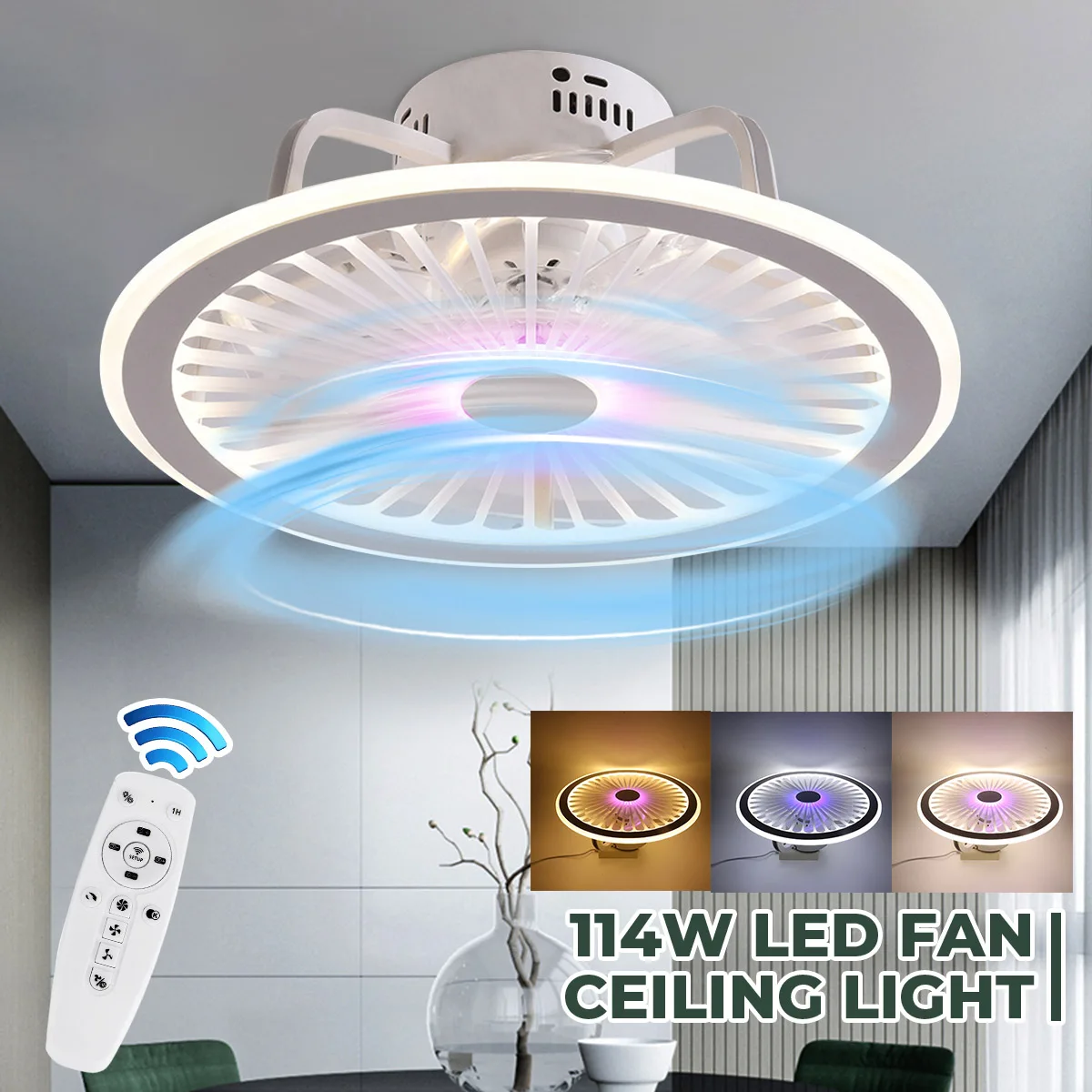 114W Modern Minimalist Led Ceiling Lights Ceiling Fan Lamp Led Ceiling Fan with Lights Remote Control Dimmable Fan Light 50cm