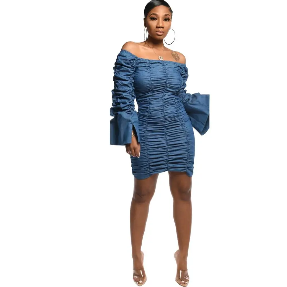 Новинка Осень-зима 2019 женские джинсовые драпированные платья с