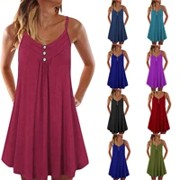dresses for women 2021 ladies v neck mid waist loose button solid color sleeveless suspender dress casual dress summer dress