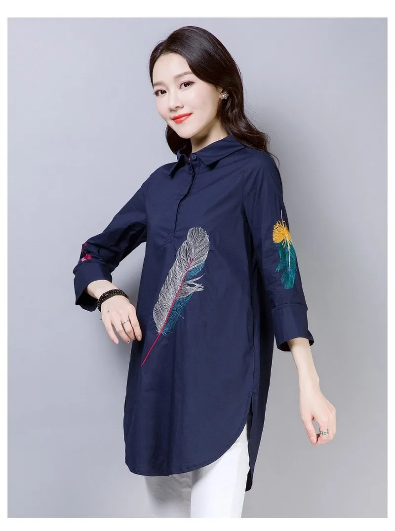 100% хлопок плюс размер перо вышивка Белая Длинная блузка для женщин 3/4 рукав