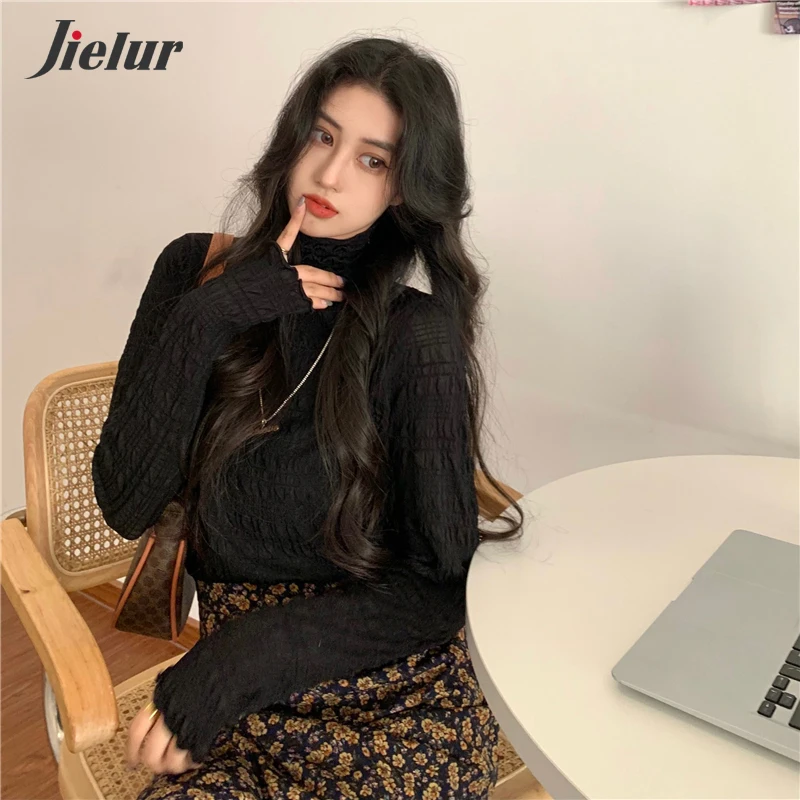 Jielur Корейская водолазка новинка Женская Кружевная футболка с длинным рукавом
