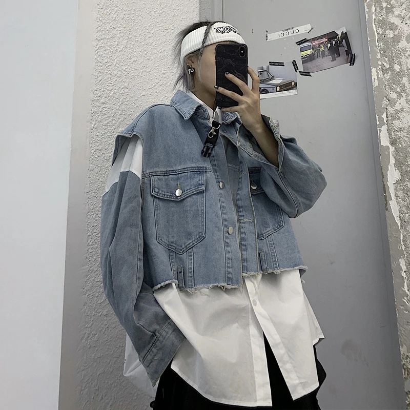 Harajpoo Women Waistcoat Retro Ins Spring Autumn 2021 Harajuku Jean Cropped Salt Jacket Men Casual Fashion Japanese Vest Lapel | Женская