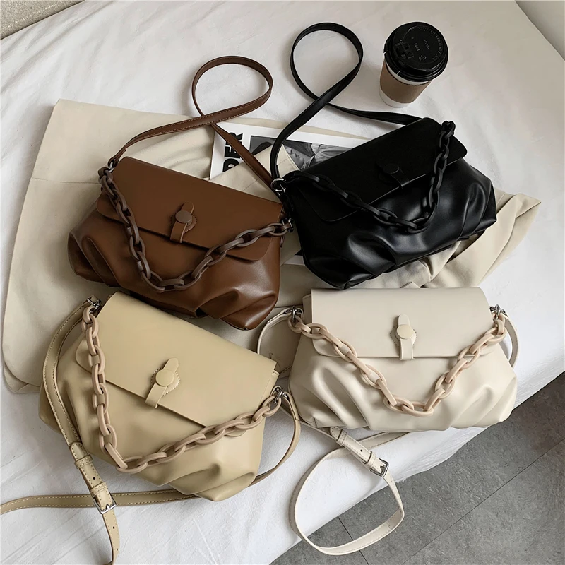 

Spring Medium Ruched Shoulder Bags For Women Chain Handle Design Female Clutch PU Leather Flap Ladies Crossbody Bags Trends 2021