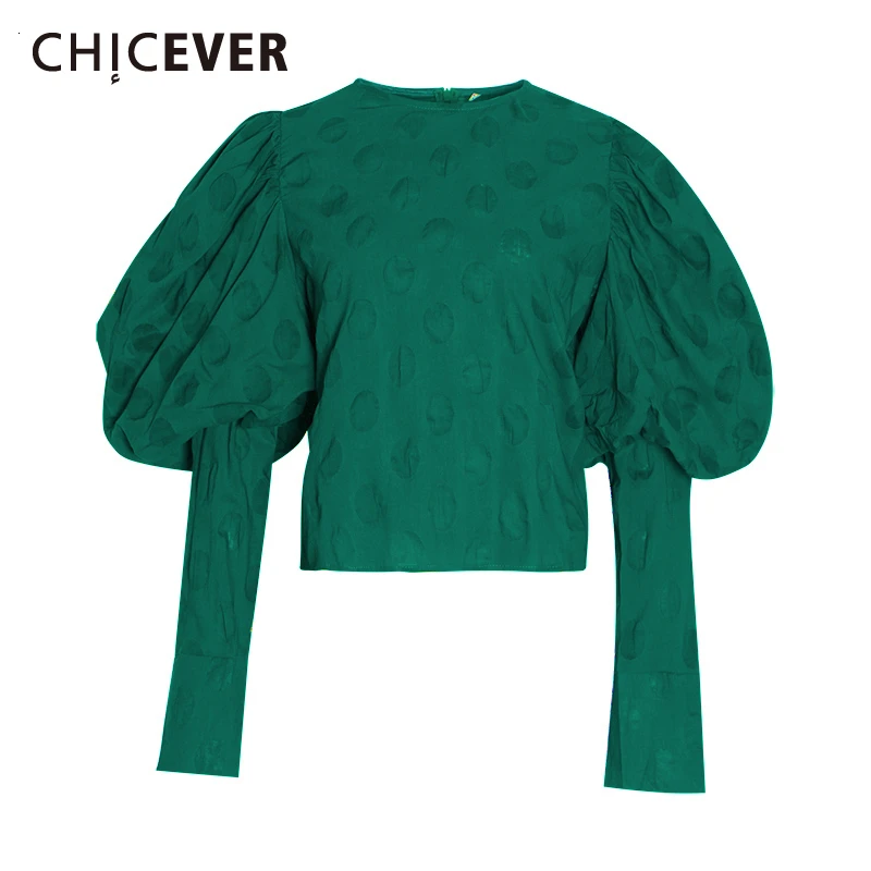 CHICEVER Корейская рубашка в горошек для женщин с круглым вырезом и рукавами-фонариками, большие размеры, свободная блузка, Женская Осенняя мода, новая одежда