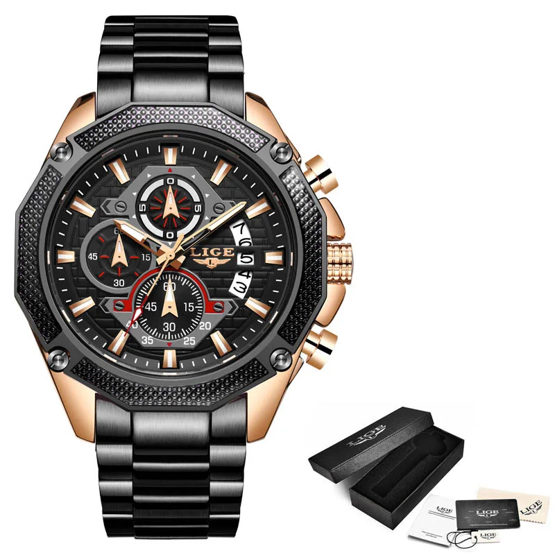 ROSE GOLD BLACK Relogio Masculino LIGE Топ Роскошные деловые мужские часы из нержавеющей стали водонепроницаемые армейские военные кварцевые часы мужские часы с большим циферблатом - Цвет: ROSE GOLD BLACK