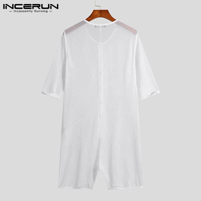 INCERUN Comfortable Homewear New Men Short Sleeve Breathable Mesh Fashion Jumpsuits Singlet Underwear Sleepwear Bodysuits S-5XL