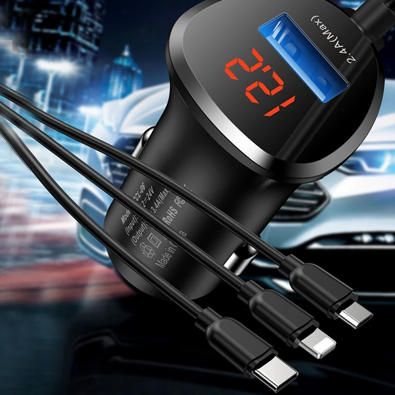Автомобильное зарядное устройство 3 в 1 с USB портом для iPhone 11 Pro Max Xiaomi Huawei