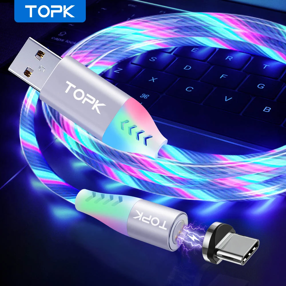 Магнитный кабель TOPK 3A светодиодный Micro Usb Type-C для быстрой зарядки iPhone Xiaomi Mi 9 8