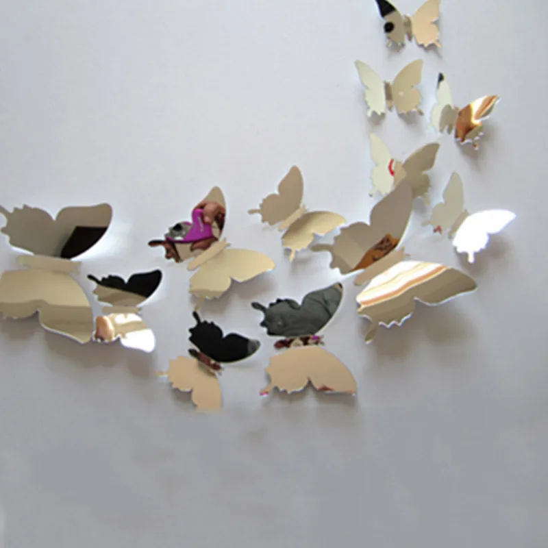 Mirror Silver NieNie, 12 шт./лот, 3D полые наклейки на стену с бабочками для детских комнат, домашний декор, сделай сам, бабочки, наклейки на холодильник, наклейки для украшения комнаты - Цвет: Mirror Silver