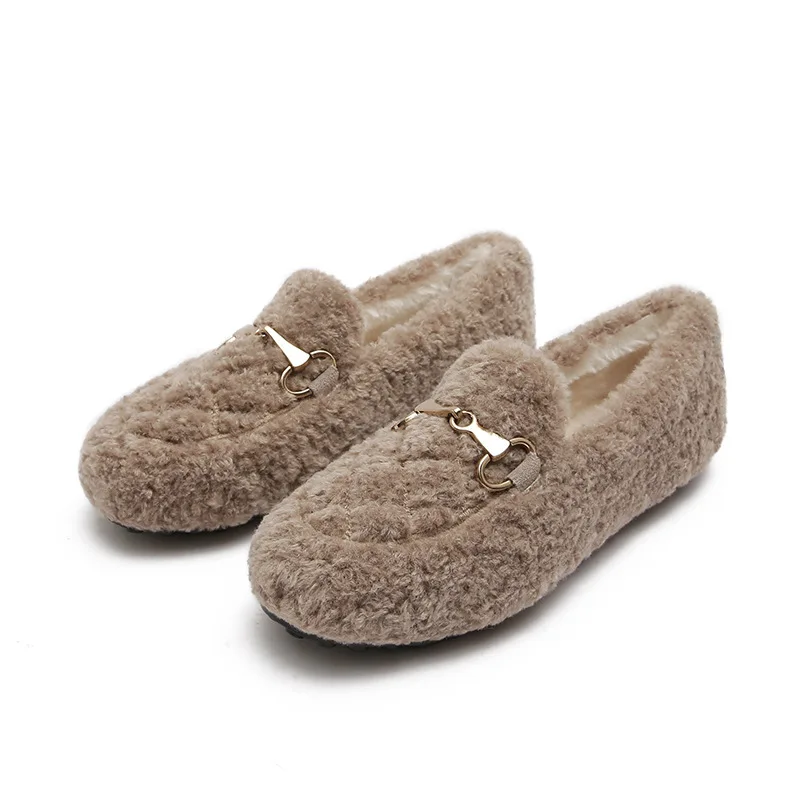 

2021 New Metal decoration lamb fur flats cotton slip on moccasins shallow round toe loafers winter curly furry women shoes