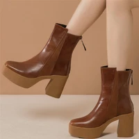 high top mary jane shoes women genuine leather high heel pumps shoes female square toe chunky platform ankle boots casual shoes