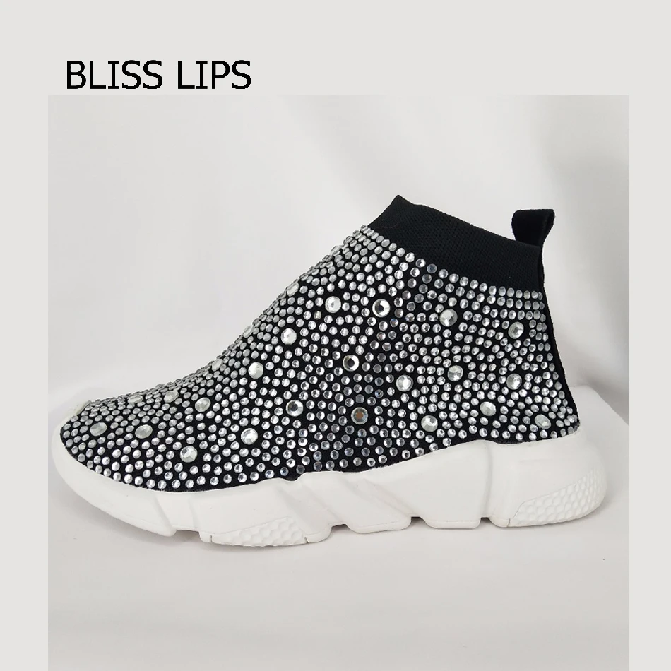 

Эластичные чулки спортивные женские вязаные носки сапоги Спортивные на плоской подошве синие ручной работы осенне-зимние кроссовки Стразы большого размера ЕС 34-45